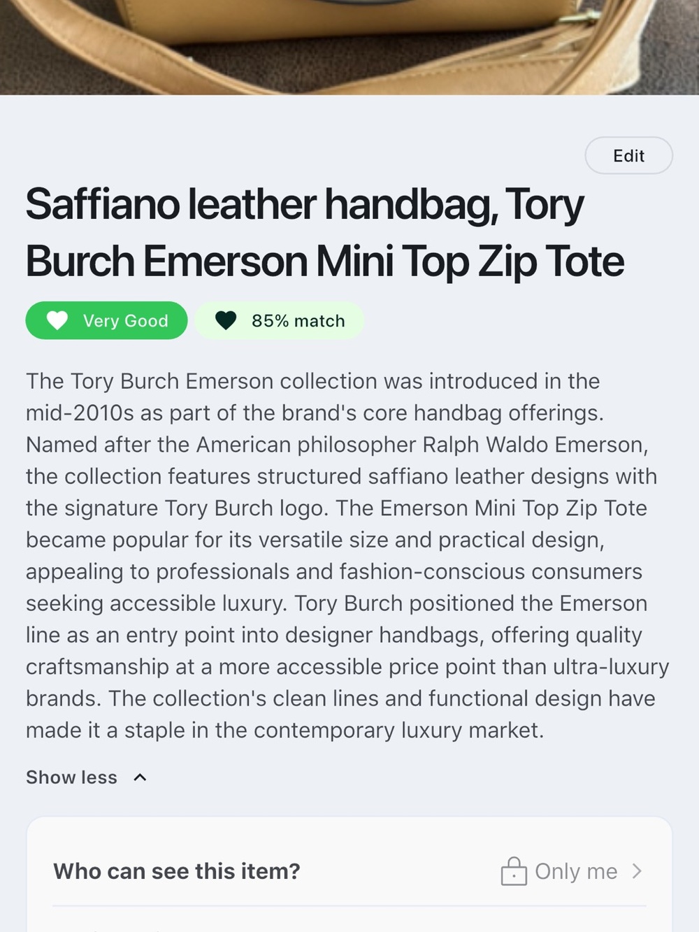 Tory Burch Camel Tan Saffiano Leather Emerson mini tote/Crossbody Satchel - Picture 3 of 4